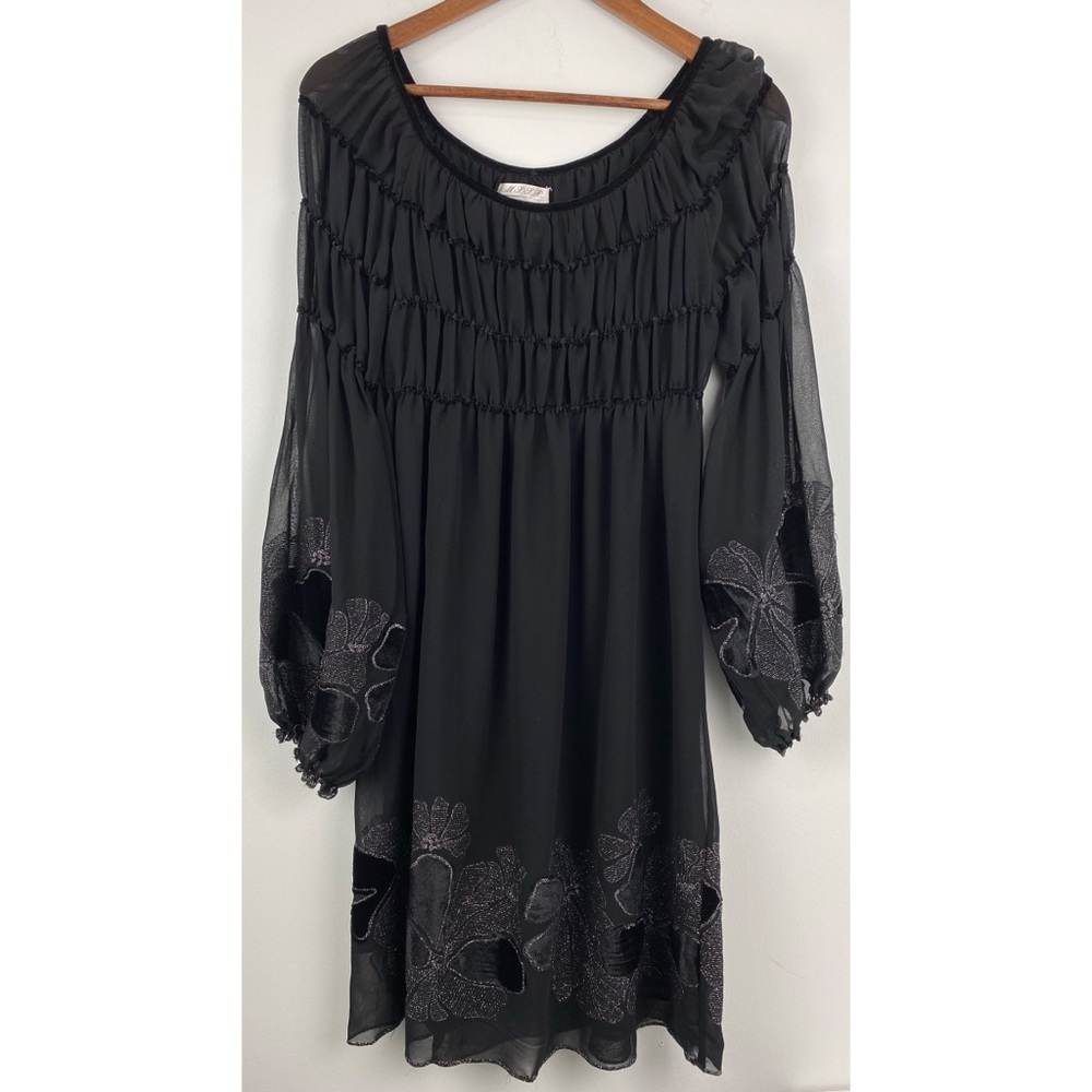 M.L.L.P. size Medium Black Metallic Embroidered Floral Bell Sleeve Dress